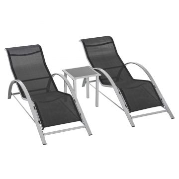 Outsunny Set Mobilier de Grădină: 2 Sezlonguri Pliabile și 1 Măsuță cu Raft din Sticla, Negru, Design Modern | Aosom Romania