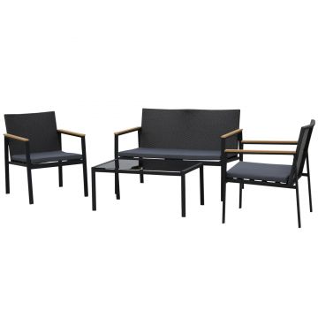 Outsunny Set Mobilier de Grădină din Ratan din 2 Scaune cu Brațe pentru Terasă, Bancă și Masă de Cafea, 80x42x37 cm, Negru | Aosom Romania