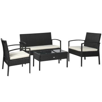 Outsunny Set Mobilier de Grădină din Ratan Negru 4 Piese cu Perne Confortabile 108x60x77cm Ideal pentru Terasă și Spații Exterioare | Aosom Romania