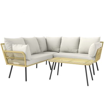 Outsunny Set de Mobilier de Grădină din Ratan din 4 Piese cu Canapea de Colț cu Perne și Măsuță de Cafea, 11x63x74 cm, Crem | Aosom Romania