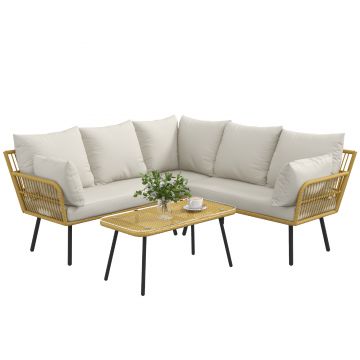 Outsunny Set de Mobilier de Grădină din Ratan din 4 Piese cu Canapea de Colț cu Perne și Măsuță de Cafea, 11x63x74 cm, Crem | Aosom Romania