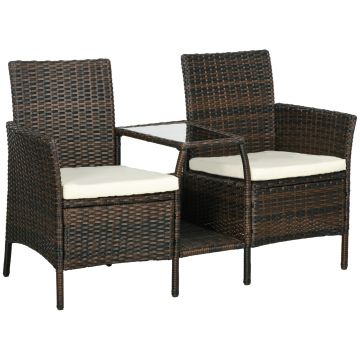 Outsunny Set de 2 Scaune din Ratan cu Măsuță de Ceai, Canapea pentru 2 Persoane pentru Exterior cu Perne, 38x60x87 cm, Maro | Aosom Romania