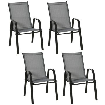 Outsunny Set de 4 Scaune de Grădină Stivuibile, Scaune de Exterior cu Cotiere din Metal și Țesătură Respirabilă, 54x75.5x95 cm, Gri | Aosom Romania