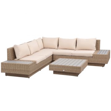 Outsunny Set Living de Gradina din Rattan, 4 Piese, Coltar pentru Exterior cu Perne, Masute Laterale si Masuta de Cafea, Maro Deschis | Aosom Romania