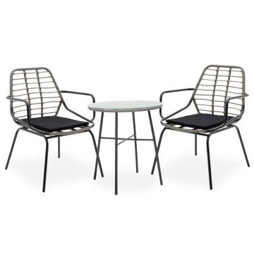 Set mobilier de gradina 3 piese Gaus-Naoki v1, Pakoworld, masa cu 2 scaune, 70x70x74 cm, ratan sintetic/metal/sticla, negru/gri