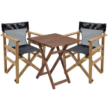 Set mobilier de gradina 3 piese Retto, Pakoworld, masa cu 2 scaune, 60x60x71 cm, lemn masiv de fag/PVC perforat, negru/gri