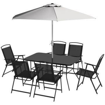 Outsunny Set de grădină cu Masă, 6 Scaune Pliante și Umbrelă de Soare cu Manivelă, Set pentru Exterior din 8 piese, 140x90x70 cm, Gri