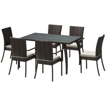 Outsunny Set Mobilier de Extern in PE Rattan Masa de Pranz in Lemn cu 6 Scaune cu Perne, Maro