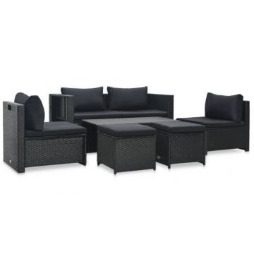 Set mobilier de gradina cu perne, 6 piese, negru, poliratan