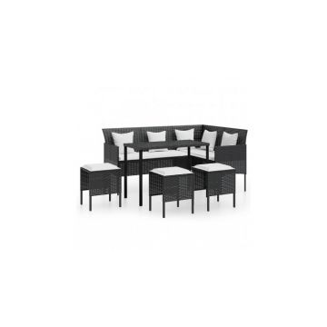 Set mobilier gradina poliratan, forma L, pentru 7 persoane, cu perne incluse,  negru