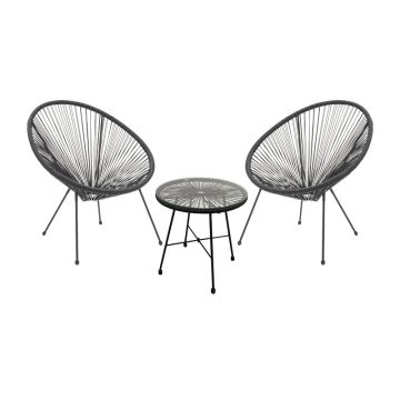 Set de 3 buc masa si scaune de gradina Acapulco metal negru si ratan negru si sticla 71x76x85 cm