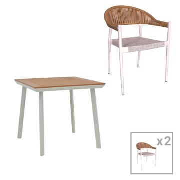 Set de 3 buc masa si scaune de gradina Synergy-Elation aluminiu alb si placaj culoare naturala 80x80x74 cm