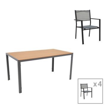 Set de 5 buc masa si scaune de gradina Nares-Moly aluminiu antracit-negru si placaj in culoare naturala 140x80x72.5 cm