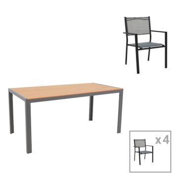 Set de 5 buc masa si scaune de gradina Nares-Moly B aluminiu antracit-negru si placaj in culoare naturala 180x90x72.5 cm