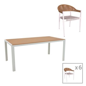 Set de 7 buc masa si scaune de gradina Nares-Elation aluminiu alb si placaj in nuanta naturala 180x90x72.5 cm