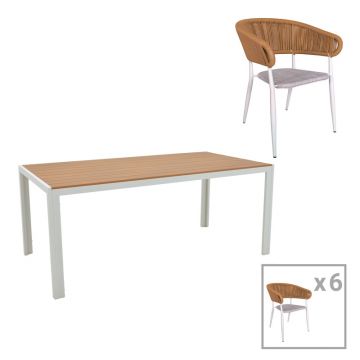 Set de 7 buc masa si scaune de gradina Nares-Raven B aluminiu alb si placaj in nuanta naturala 180x90x72.5 cm