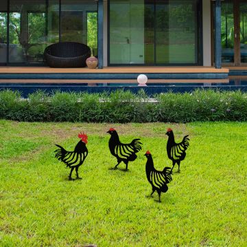 Set de accesorii metalice decorative pentru gradina Chicken Family Negru 23x27 cm