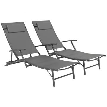 Outsunny Set de 2 Șezlonguri Pliante, Ajustabile în 4 Poziții cu Cotiere și Perne, 64x154x87 cm, Gri | Aosom Romania