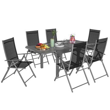 Outsunny Set de Grădină din 7 Piese cu Masă Extensibilă și 6 Scaune Pliabile cu Brațe, 90/180x90x75 cm, Gri și Negru | Aosom Romania