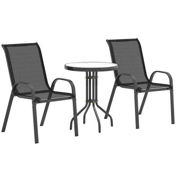 Outsunny Set Mobilier de Grădină din 3 Piese cu Scaune Suprapozabile și Masă din Sticlă, 54x71x93 cm, Gri Închis | Aosom Romania