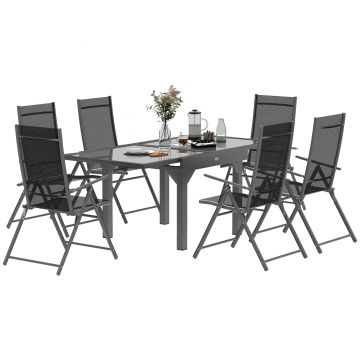 Outsunny Set Mobilier de Grădină din 7 Piese cu Masă Extensibilă și 6 Scaune Pliabile cu Cotiere, 180/90x90x75 cm, Gri | Aosom Romania