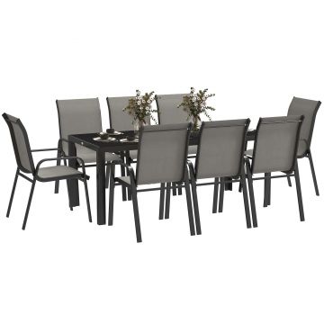 Outsunny Set Mobilier de Grădină din 9 Piese cu Masă și 8 Scaune Stivuibile cu Brațe, 183x80x72 cm, Gri Deschis | Aosom Romania