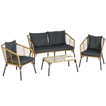 Outsunny Set Mobilier de Grădină din Ratan cu Canapea, 2 Fotolii cu Perne și Măsuță, 131x63x76 cm, Gri Închis | Aosom Romania