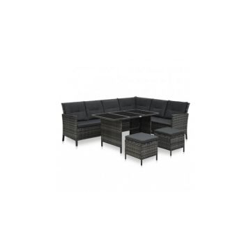 Set mobilier de gradina sau exterior cu 8 locuri, canapea masa si tabureti,  Poliratan